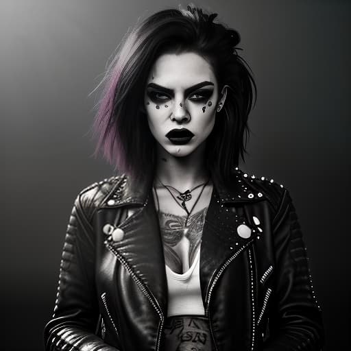  a hyper realistic photo of an extremely beautiful punk rocker girl bold lines, hyper detailed, leather jacket with studs and ripped jeans, her face is pale with pronounced cheekbones . her eyes are outlined with rich black eyeliner, and her lips are covered in dark lipstick with a slightly smudged contour. her disheveled hair is dyed in bright colors, creating a chaotic yet intentional mess. smoke swirls around her, and the lighting casts dramatic shadows, emphasizing her bold and energetic image. the grunge girl demonstrates authenticity, honesty, and independence through her style and self expression, (noir), black and white , detective , crime , mystery