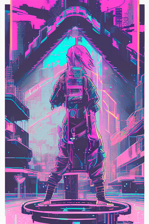 nvinkpunk girl cyberpunk magical artifacts hair blue pink utopia bright eyes tokyo funko pop tattoo, vintage, pixelated, scanlines, halftone, by paul robertson, henk nieborg, valenberg, octavi navarro, mark ferrari