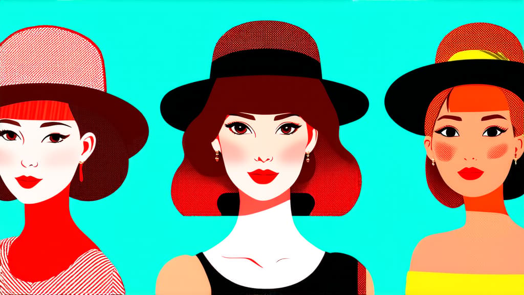  flat illustration, flaticon, (illustration:1.15), different beauty. set of different female heads in hats. different races and nationalities. colored hand drawn illustration ar 16:9, [cory loftis, strobist, pascal campion :: 0.2]