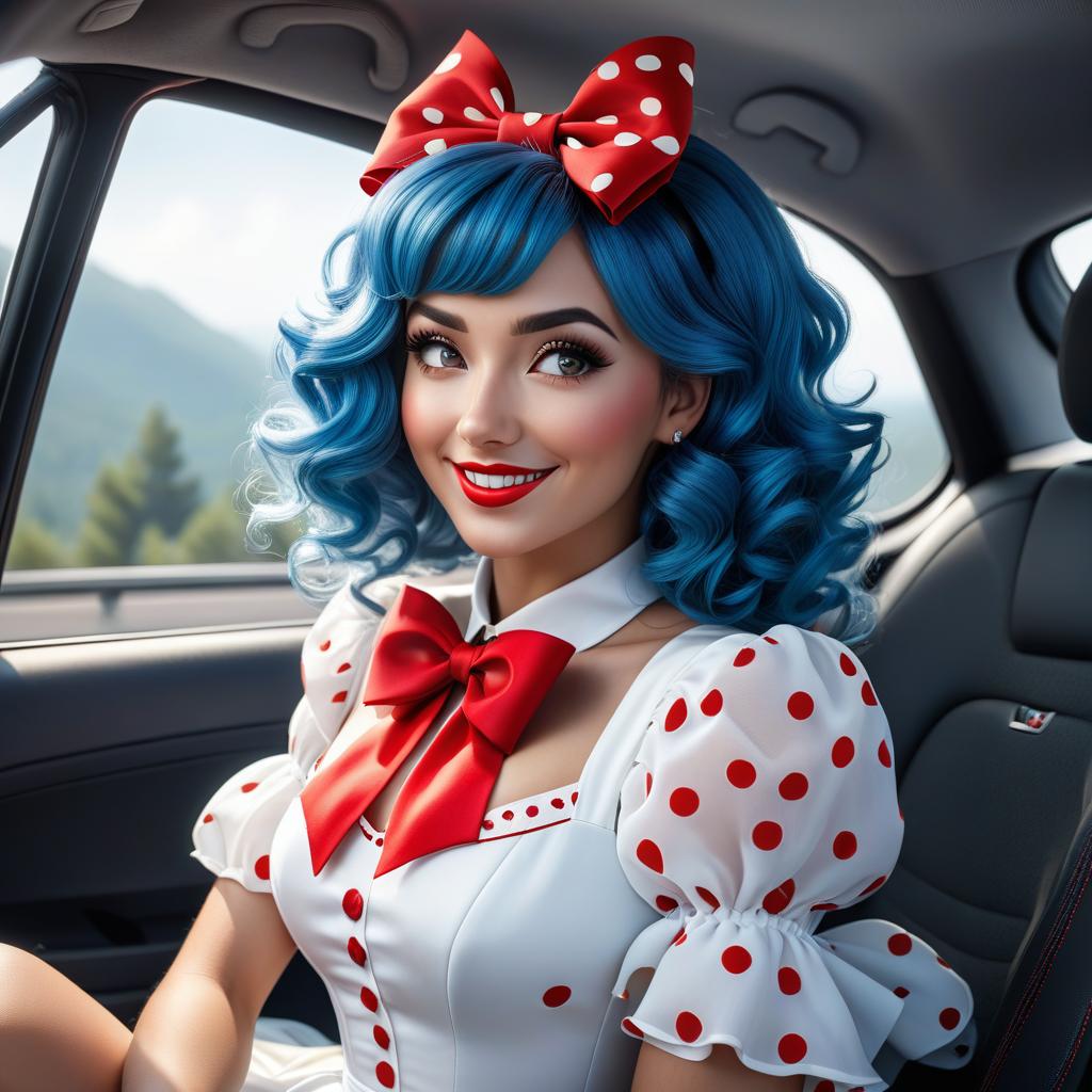  breathtaking cute mischievous girl with curly blue hair and a big red bow on her head, smiling, wearing a white dress with red polka dots, sitting in a car driving and looking out the window. cartoon image in disney style . award winning, professional, highly detailed hyperrealistic, full body, detailed clothing, highly detailed, cinematic lighting, stunningly beautiful, intricate, sharp focus, f/1. 8, 85mm, (centered image composition), (professionally color graded), ((bright soft diffused light)), volumetric fog, trending on instagram, trending on tumblr, HDR 4K, 8K