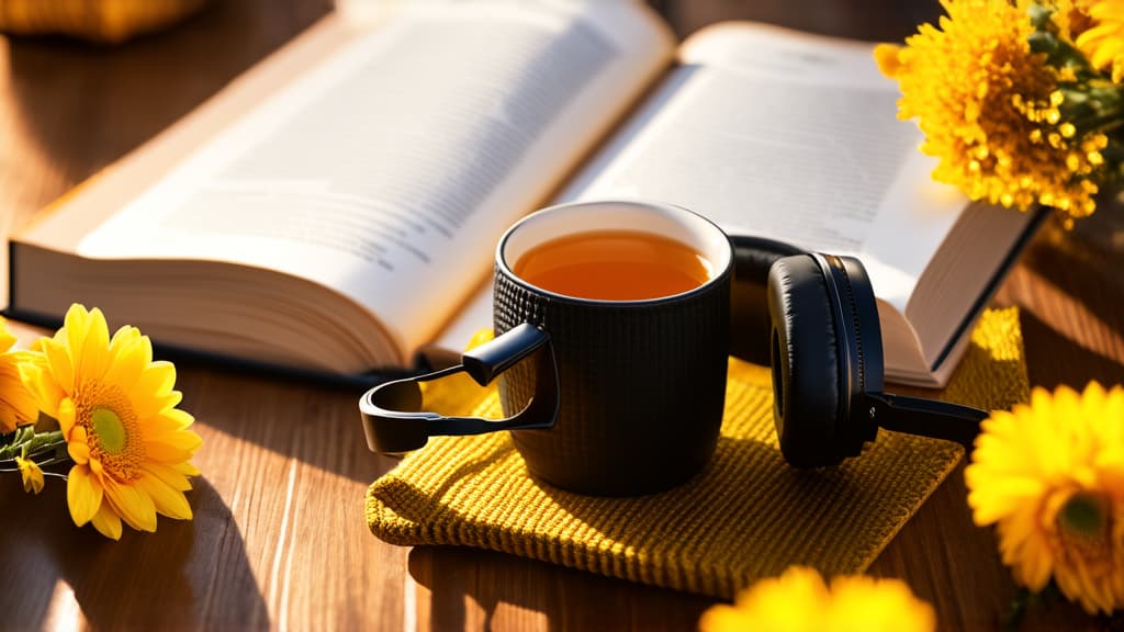  a pair of headphones with a mug of tea sits over an open book, aesthetics, ultra hd wallpaper, golden hour, flowers around, horn, soft warm, bronze light, audeze, late summer evening, lots of details, traditional, beautiful, music, shaded, cozy beautifully ar 16:9 {prompt}, maximum details