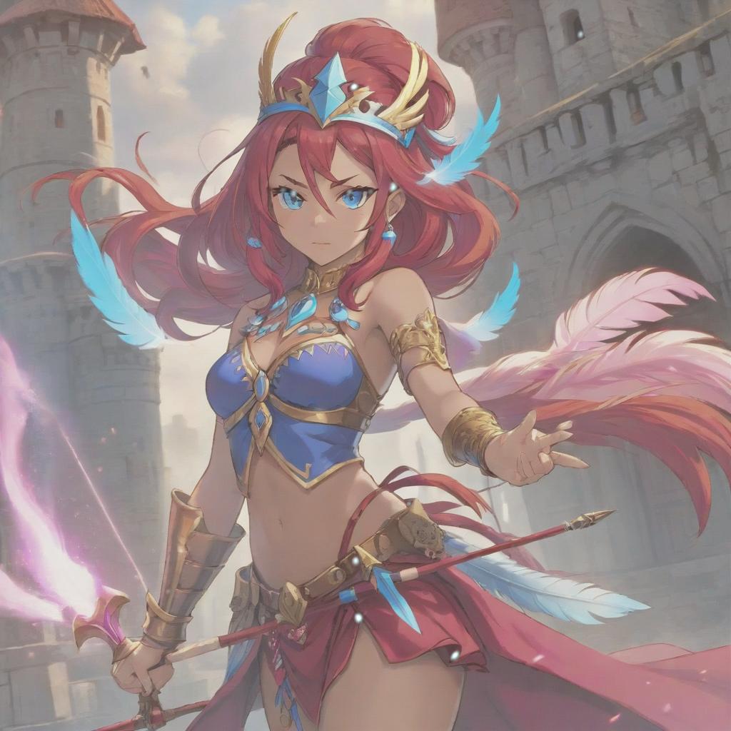  long exposure photo of portrait of strong rage amazonas queen archer. blue eye. long red hair. tilting head down, magenta mantle, shoulder pad feather, accessory necklace with pearls on the forehead, against the background of the castle siege . blurred motion, streaks of light, surreal, dreamy, ghosting effect, highly detailed, sticker, hkmagic