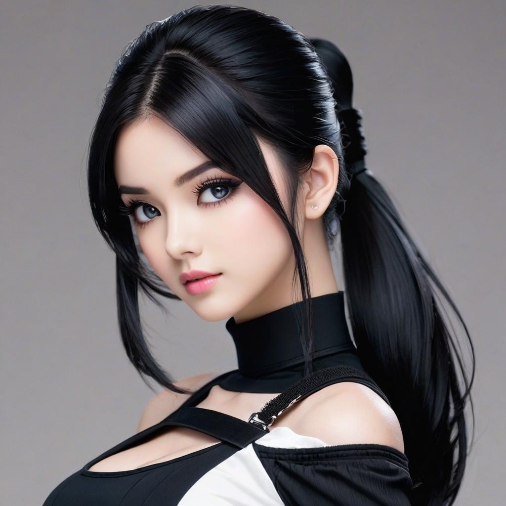  a girl with left side parted medium long black hair shiny in 1 pony tail that’s down instead of up, pink detailed eyes with mascara and long eye lashes, pale white skin, and black tight shoulder less top that shows her black bra straps, and a black chocker/collar on her neck with a sinister expression.