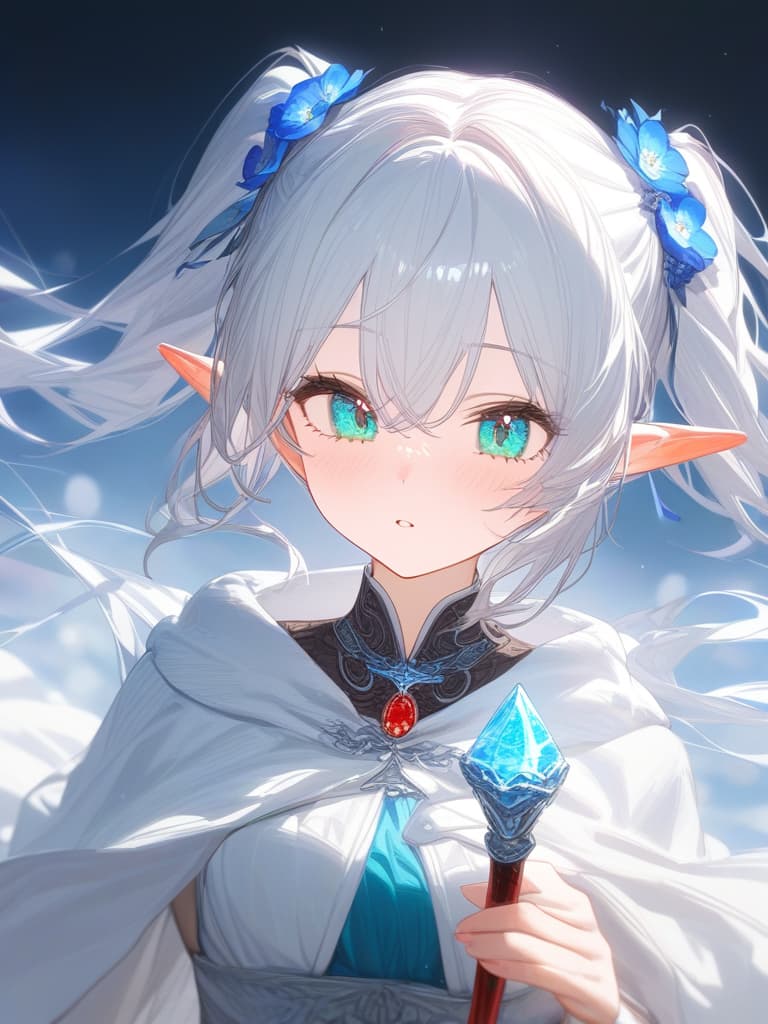  white hair, twin tails, elf, white robe, red jewel magic cane, blue green eyes, light blue flowers, masterpiece, best quality,8k,ultra detailed,high resolution,an extremely delicate and beautiful,hyper detail