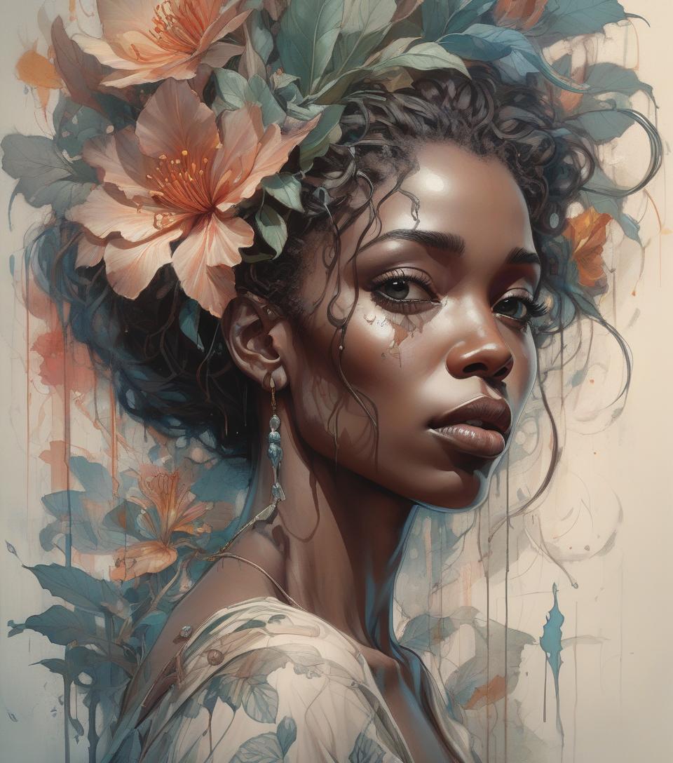  beautiful african woman in a floral background, fine line drawing by harrison fisher and the talent of brian froud, complemented by the abstract depths of jeremy mann, the beauty of carne griffiths' faces, blending the fantastic muscular realism of boris vallejo, layered painting watercolor for striking effect and ultra fine, texture reminiscent of cracked parchment, natural lighting, perfect light natural volumetric cinematic soft, chiaroscuro, award winning photography, maximalist, masterpiece, deep complementary colors, extreme details, beautiful incredibly detailed and complex octane rendering, trending on artstation, dystopian, elemental, ethereal, fanciful, in the style of greg rutkowski