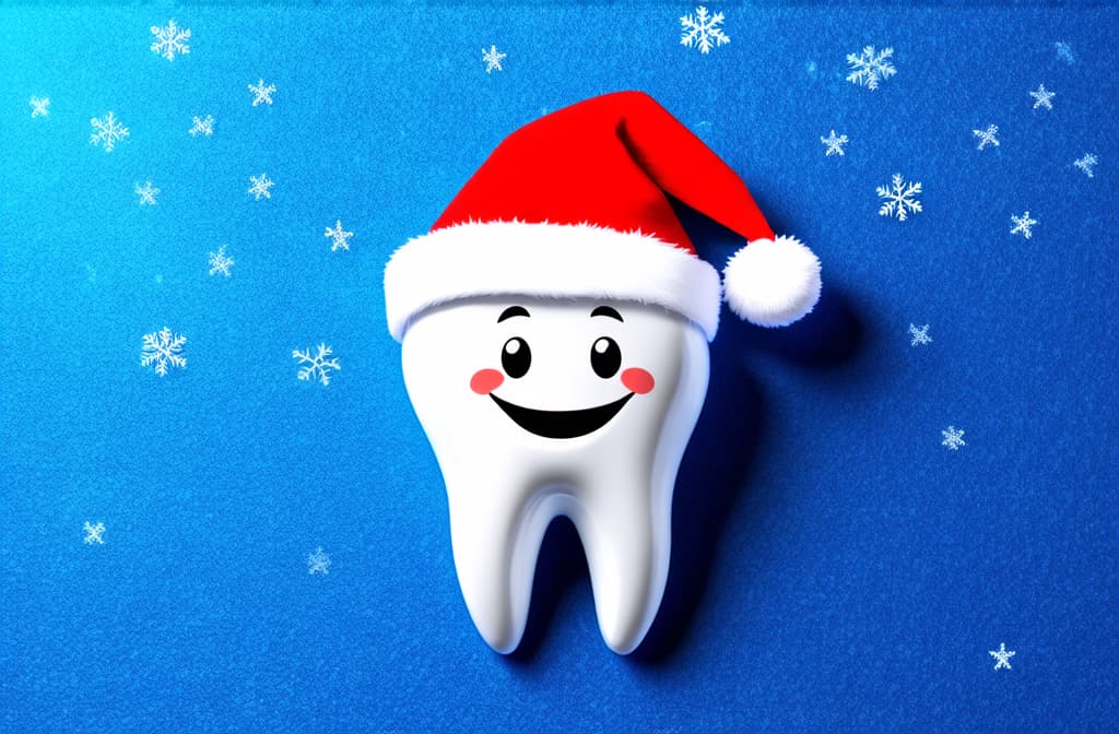  professional detailed photography, white smiling tooth in santa's hat against blue background with many white small snowflakes ar 3:2, (muted colors, dim colors, soothing tones), (vsco:0.3)