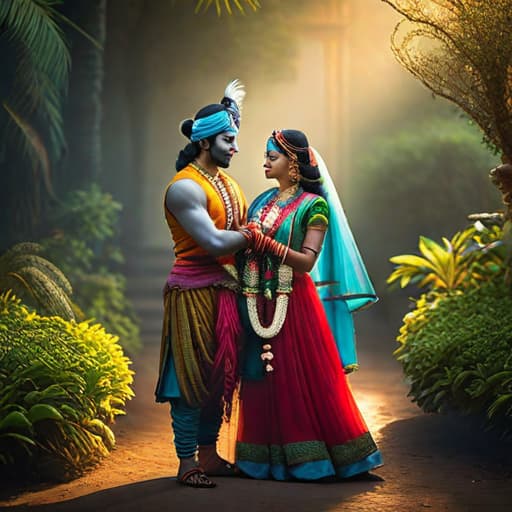  Radha krishna hyperrealistic, full body, detailed clothing, highly detailed, cinematic lighting, stunningly beautiful, intricate, sharp focus, f/1. 8, 85mm, (centered image composition), (professionally color graded), ((bright soft diffused light)), volumetric fog, trending on instagram, trending on tumblr, HDR 4K, 8K