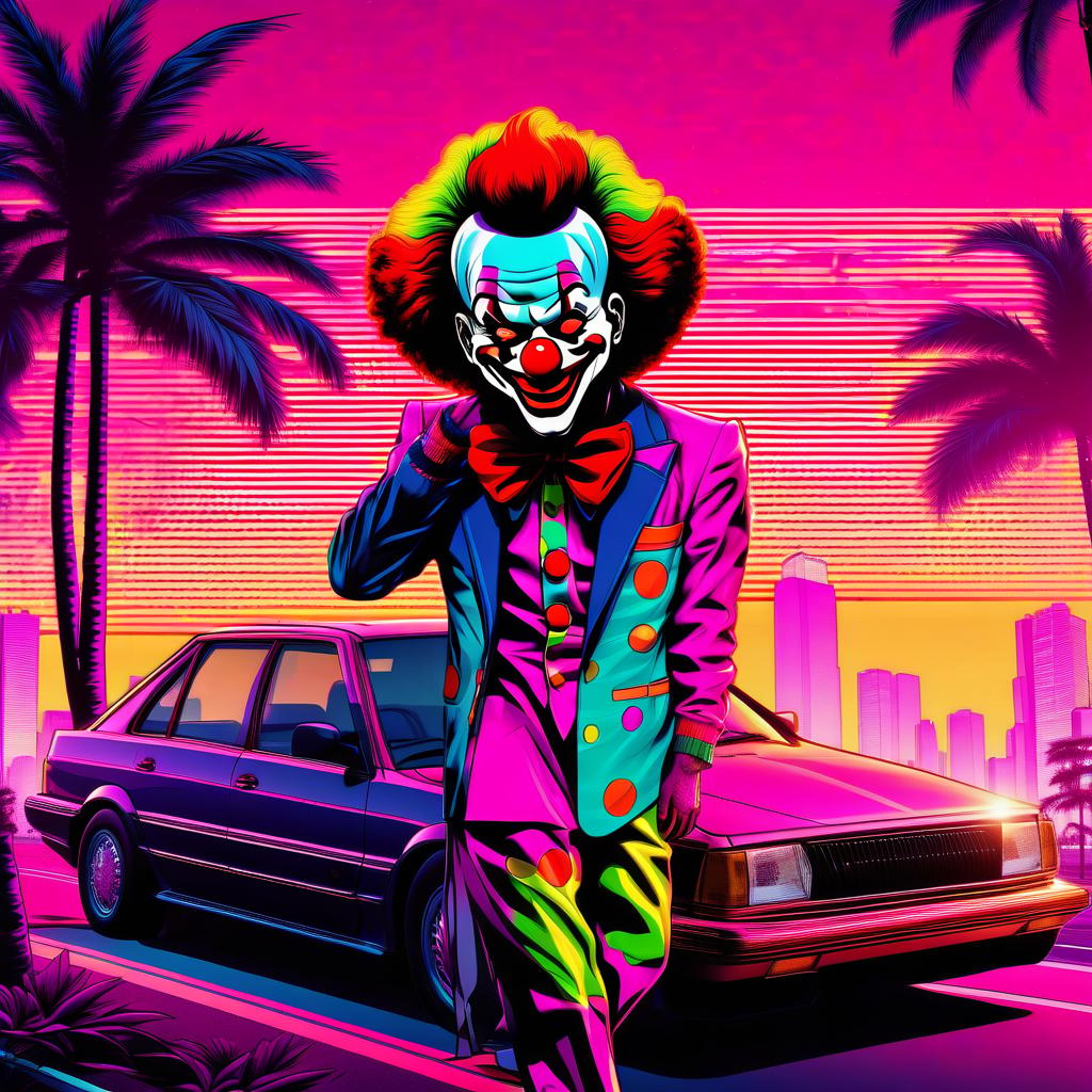  manga style retrowave clown next to the car, retrowave car, retrowave road, retrowave sun, retrowave palm tree, retrowave billboard . vibrant, high energy, detailed, iconic, japanese comic style