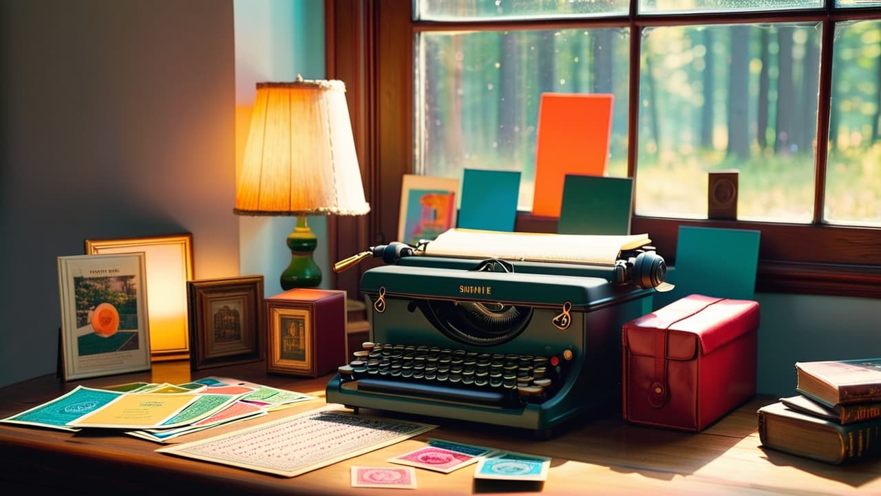  a cozy workspace featuring a wooden desk, scattered colorful stamps, a magnifying glass, a stamp album partially open, and vintage postcards, illuminated by warm sunlight streaming through a nearby window. hyperrealistic, full body, detailed clothing, highly detailed, cinematic lighting, stunningly beautiful, intricate, sharp focus, f/1. 8, 85mm, (centered image composition), (professionally color graded), ((bright soft diffused light)), volumetric fog, trending on instagram, trending on tumblr, HDR 4K, 8K