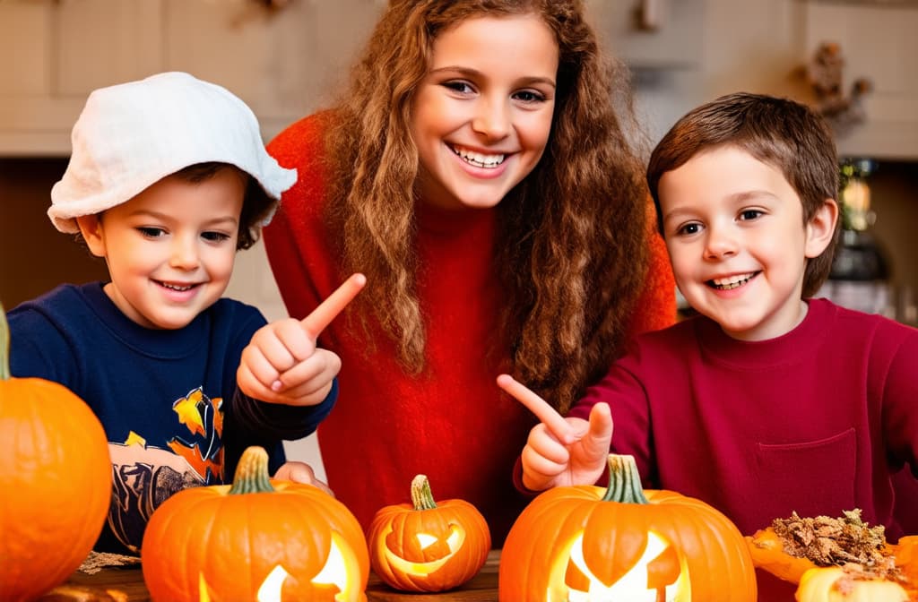  mother and two children carving jack o lanterns on halloween and smiling, correct hands in humans have 5 fingers on each ar 3:2 {prompt}, maximum details