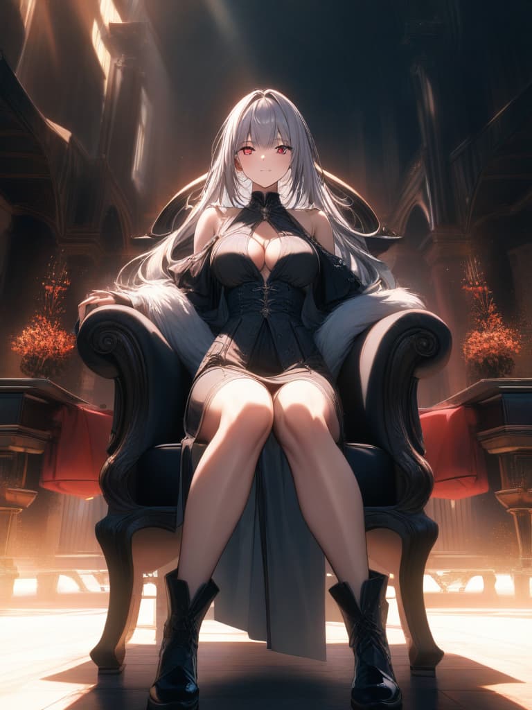  vampires, young men, handsome, gray hair, red eyes, tall, sitting on the throne, looking down, looking down, crossing the legs, dressing like medieval aristocrats, castle hall, one person, long hair, masterpiece, best quality,8k,ultra detailed,high resolution,an extremely delicate and beautiful,hyper detail hyperrealistic, full body, detailed clothing, highly detailed, cinematic lighting, stunningly beautiful, intricate, sharp focus, f/1. 8, 85mm, (centered image composition), (professionally color graded), ((bright soft diffused light)), volumetric fog, trending on instagram, trending on tumblr, HDR 4K, 8K