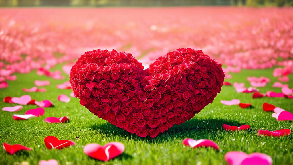  a heart of many heart shaped flowers in the middle of a field, hyper detailed photo, close up, pink hearts in the background, realism, red hearts, depth of field insanely detailed, cherry blossom petals around it covered in coral, crimson theme, highly detailed, professional photography ar 16:9 {prompt}, maximum details