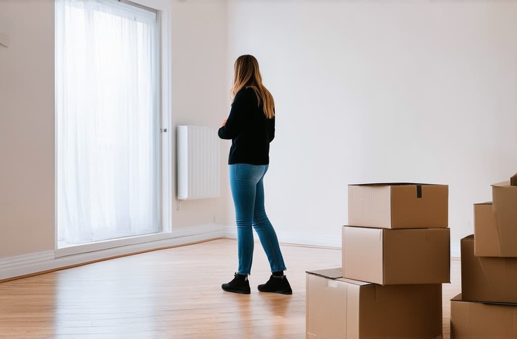  professional detailed photography, a woman stands in an empty apartment, paper boxes on the floor, moving. bright room ar 3:2, (muted colors, dim colors, soothing tones), (vsco:0.3)