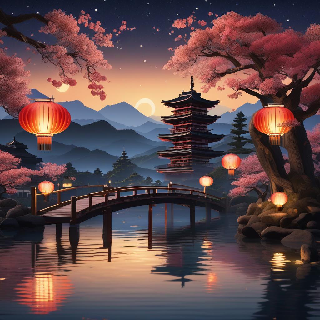  masterpiece, best quality, (Fidelity: 1.4), Best Quality, Masterpiece, Ultra High Resolution, 8k resolution, A night view inspired by Japanese art, featuring a garden illuminated by paper lanterns and a wooden bridge spanning a tranquil lake, by the lakeside, there is a small Zen temple. The water reflects the starry sky.