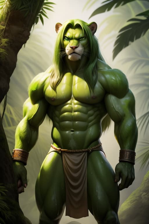  Cat Fursona, Male, Huge Muscles, Abs, Lime green fur, Lime Green long hair, Bright green eyes, Loin cloth, Wrist cuffs, sweaty, dirty, Jungle, Angry stare., open eyes, masterpiece, 4k, fine details,