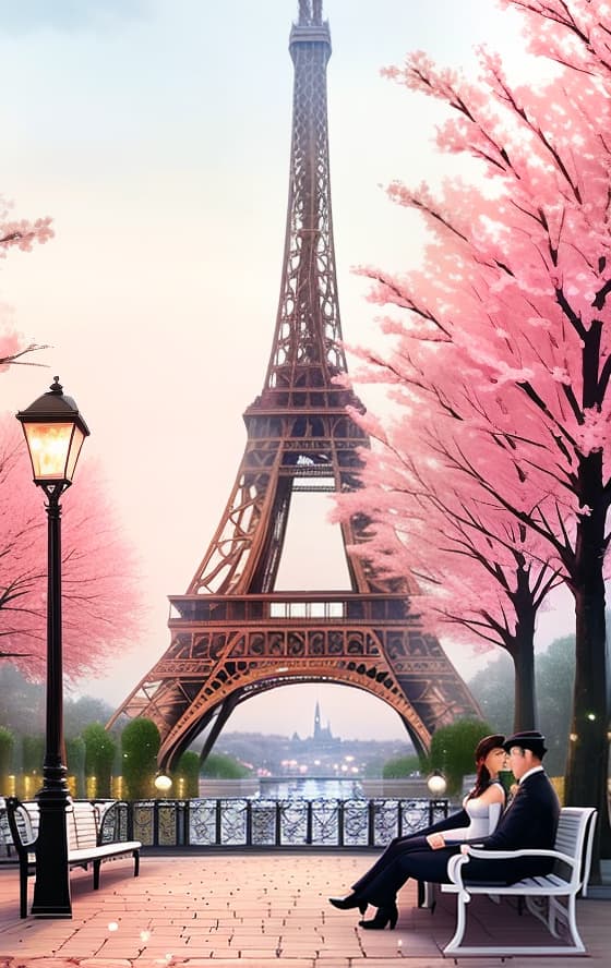  the elegance of france, with rivers, a romantic ambiance, love, but with a more classic touch and brown tones, with lights and several benches.