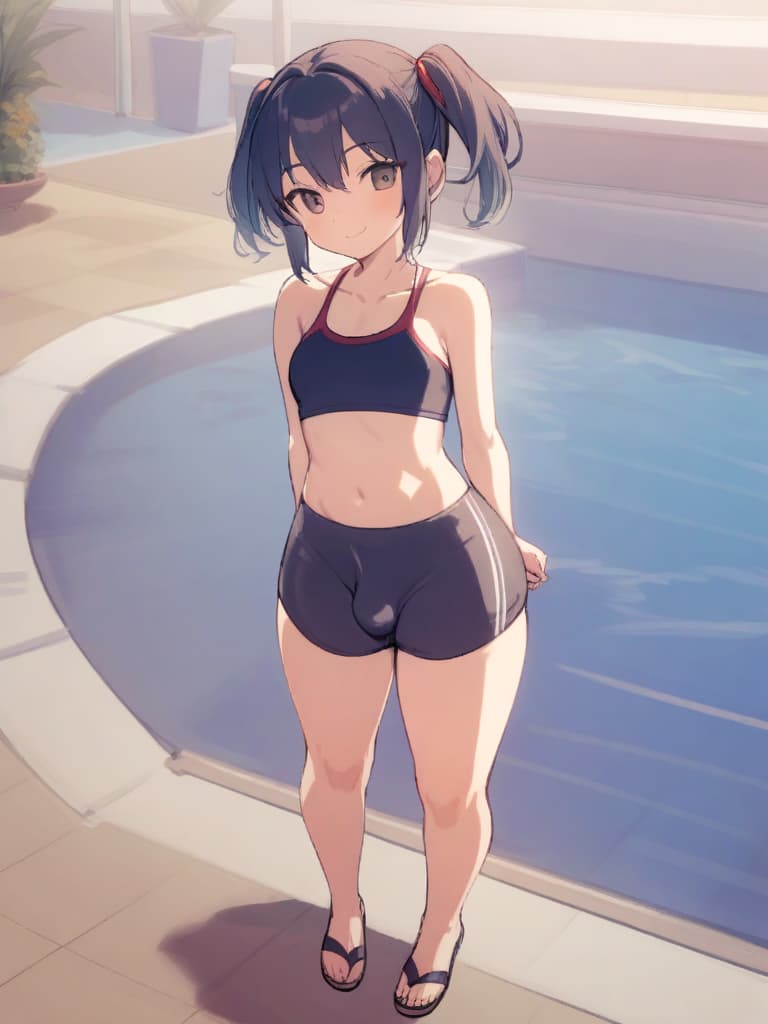  women's elementary students (male), twin tails, cute smiles, rich s, low stature, dark blue swimwear, old swimwear, , simple, , (bulge), male (bulging), front, whole body, pool side,