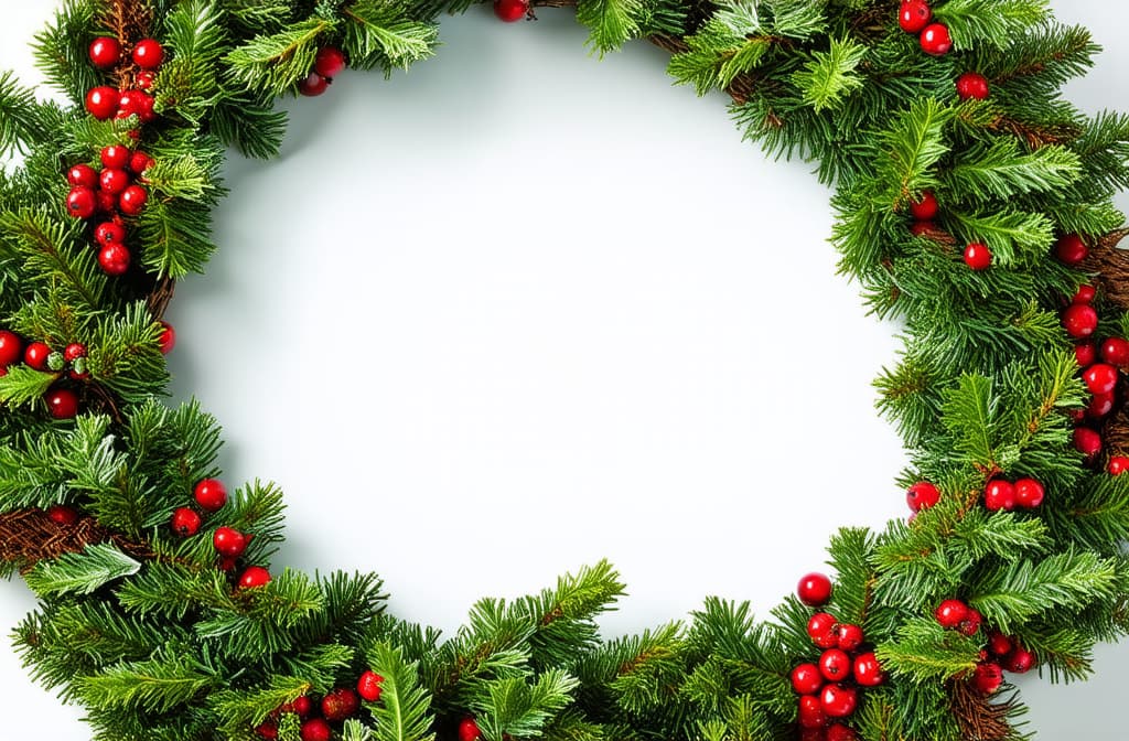  professional detailed photography, a classic holiday wreath of lush holly leaves with bright red berries scattered throughout the wreath. new year, christmas ar 3:2, (muted colors, dim colors, soothing tones), (vsco:0.3)