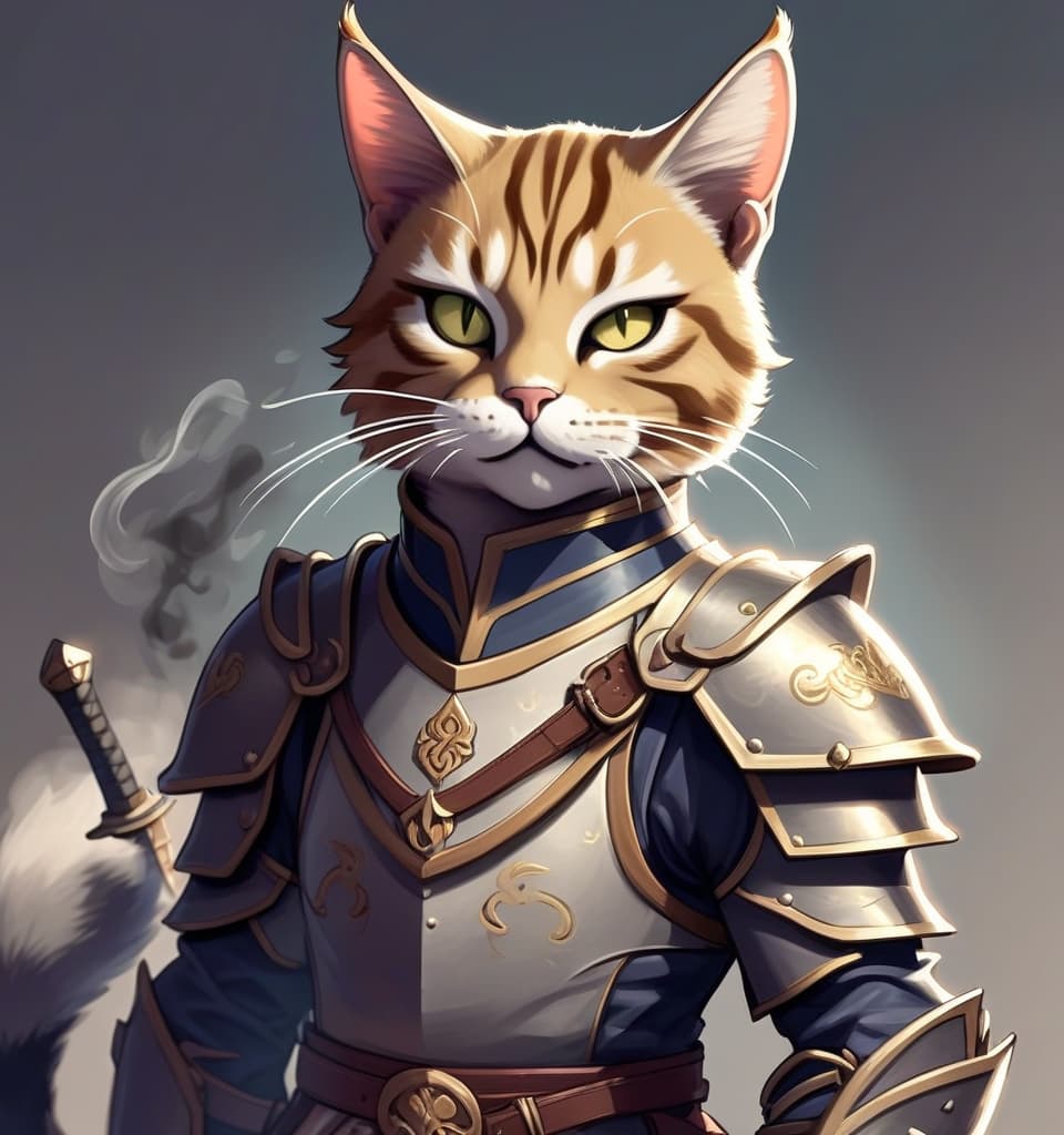  you can create a portrait of my character for the dungeons & dragons board role playing game, here is my detailed description: my character tabaxi (humanoid cat) knight echo his fur is the color of smoke, eyes are large characteristic of cats of golden color, he smokes some collection of herbs (nearly draw the customization of the clone of the knight echo (this will be a copy of my character from smoke)) on his face there are a couple of scars from numerous battles, ears like a cat with white tassels, his right ear is torn as a result of one of battles he is dressed as an asian swordsman wielding two katanas with slightly shabby clothes. be sure to portray the character in full growth