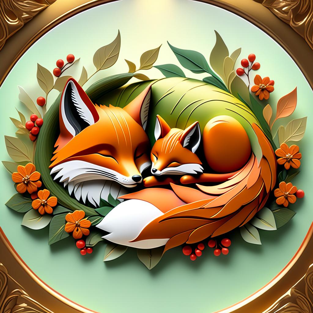  dreamscape (frame):gold round frame decorated with fancy oak leaves and rowan berries. (picture). animalism in fantasy style: little fox sleeping in the arms of big mum fox. appearance of a fox:sweetly sleeping curled up in a ball. (colours):orange, red, white, beige, gold, all shades of green, brown, brown gold. (style):animalism, fantasy, fairy tale, tenderness, kindness, calmness, cartoon . surreal, ethereal, dreamy, mysterious, fantasy, highly detailed, civitai, hkmagic hyperrealistic, full body, detailed clothing, highly detailed, cinematic lighting, stunningly beautiful, intricate, sharp focus, f/1. 8, 85mm, (centered image composition), (professionally color graded), ((bright soft diffused light)), volumetric fog, trending on instagram, trending on tumblr, HDR 4K, 8K