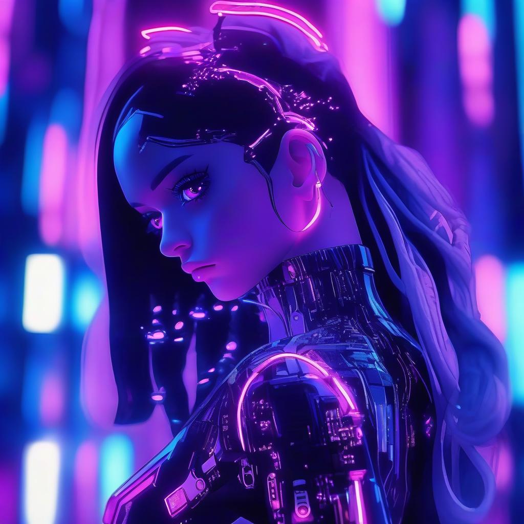  cinematic photo a woman standing in front of a purple and blue background, cyberpunk anime art, glowing black aura, by huang guangjian, anime barbie in white, icon for an ai app, very very very beautiful art, 834779519, black border, necro, overlord billie eilish, by xia gui, overlay . 35mm photograph, film, bokeh, professional, 4k, highly detailed