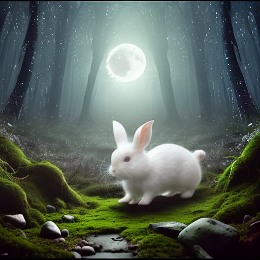  a small white rabbit makes its way through a dark forest. moss grows around, and stones are scattered. the moon is in the sky, and moonlight filters through the trees, falling on the rabbit.