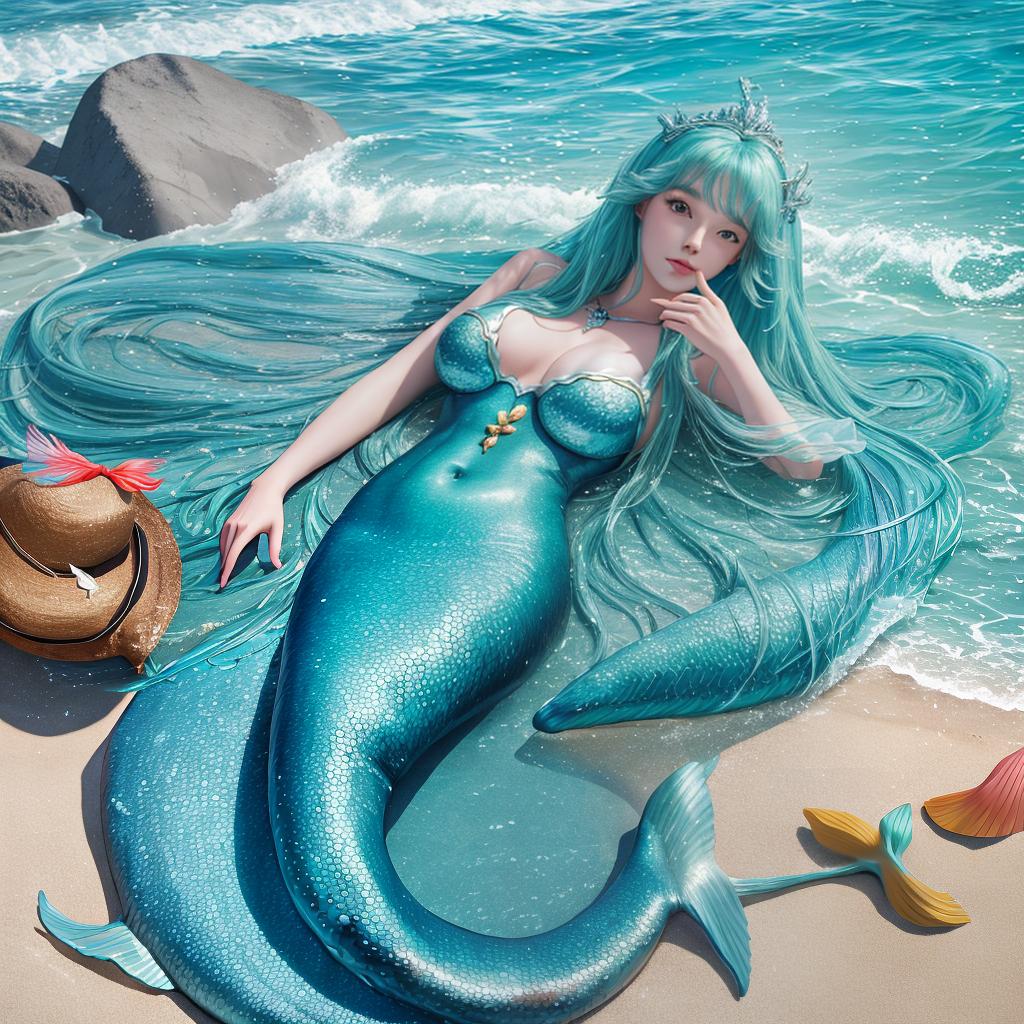  masterpiece, best quality, mermaid at the beach,8k resolution