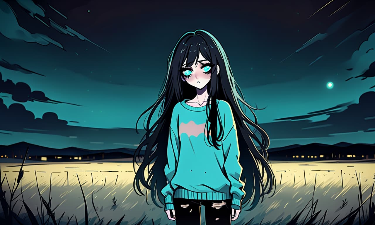  grunge style a girl in anime style with long black hair stands in an empty and night field dressed in a sweater of warm pastel color and pants. the girl looks into the darkness with black lower eyelids under the eyes full of fear of the unknown and curiosity, and the bright turquoise eyes themselves stand out against the background of everything. the image uses warm and bed tones . textured, distressed, vintage, edgy, punk rock vibe, dirty, noisy