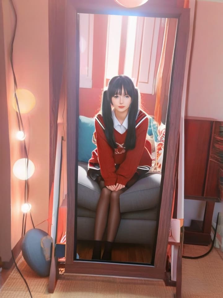  3d, 1 girl, beautiful face,detailed face, high detailed tohsaka rin, solo, long hair, sweater, red sweater, looking at viewer, blue background, black hair, simple background, two side up, turtleneck, blue eyes, lips, closed mouth, ribbon, hair ribbon, bangs, turtleneck sweater, upper body, parted bangs, black ribbon, ribbed sweater, twintails, nose, anime artwork, anime style, key visual, vibrant, studio anime, highly detailed