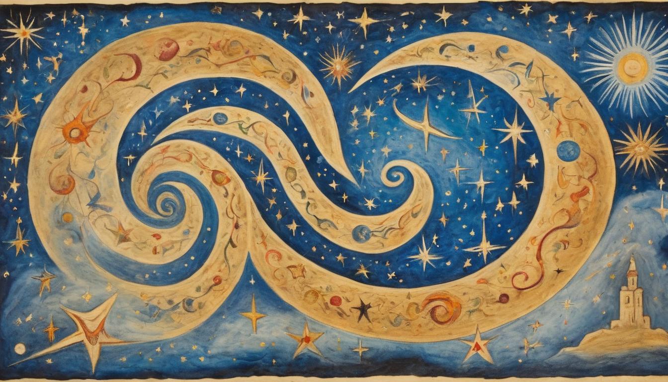  on parchment, surrealism++, celestial sky in motion, swirling constellations, shooting stars, cosmic energy, dynamic, shift(mysterious, provocative, symbolic)++