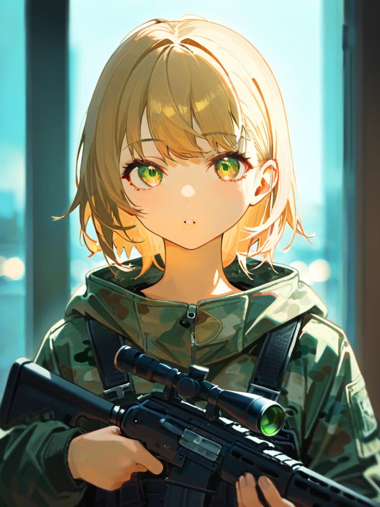  best quality、masterpiece、ultra detailed texture、absurd resolution、raw photorealistic、((blonde elf aiming at viewer with sniper rifle:1.8、accurate sniper rifle:1.2))、(tilt one's head、camouflage pattern clothes:1.2)、hold the sniper rifle、ponytail、in bush、💩、💩、💩、💩、💩、