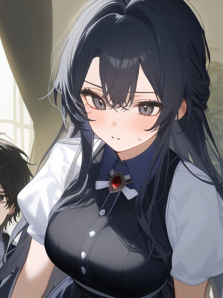  the young lady and the butler(1girl,1boy),boy is black hair and black eyes,girl is black and long hair