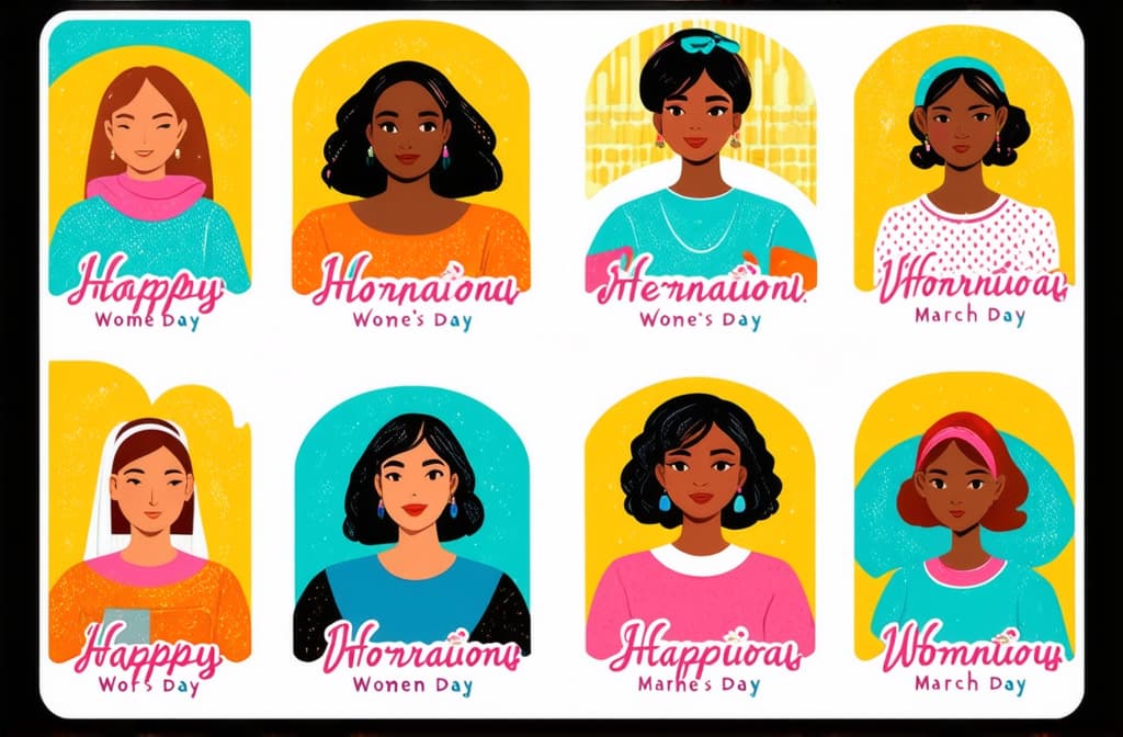  flat illustration, flaticon, (illustration:1.15), happy international women's day. march 8th. different races and nationalities. colored hand drawn vector illustrations. set of cards and seamless pattern ar 3:2, [cory loftis, strobist, pascal campion :: 0.2]