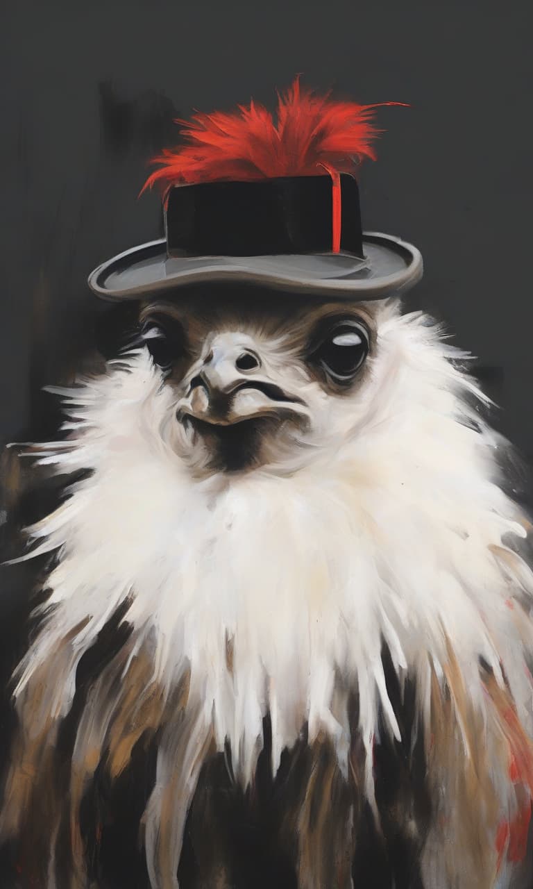  abstract expressionist painting r3mbr4ndt oil painting portrait of a llama in (a hat with a red ostrich feather:1.6), (dark background:1.8), (((heavy brushstrokes))), high contrast, vintage, <lora:arsmjstyle4:1.4> . energetic brushwork, bold colors, abstract forms, expressive, emotional, hkmagic