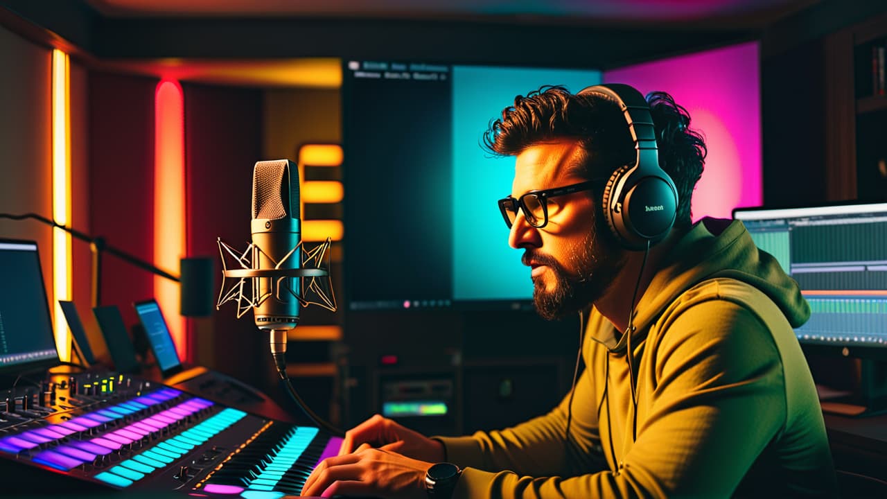  a vibrant workspace showcasing diverse podcast professionals at work: a sound engineer adjusting equipment, a producer analyzing audio waves on a computer, and a host speaking into a microphone, surrounded by colorful soundproofing panels. hyperrealistic, full body, detailed clothing, highly detailed, cinematic lighting, stunningly beautiful, intricate, sharp focus, f/1. 8, 85mm, (centered image composition), (professionally color graded), ((bright soft diffused light)), volumetric fog, trending on instagram, trending on tumblr, HDR 4K, 8K