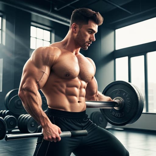  Create an image of a gym man lifting weights and it should look realistic hyperrealistic, full body, detailed clothing, highly detailed, cinematic lighting, stunningly beautiful, intricate, sharp focus, f/1. 8, 85mm, (centered image composition), (professionally color graded), ((bright soft diffused light)), volumetric fog, trending on instagram, trending on tumblr, HDR 4K, 8K