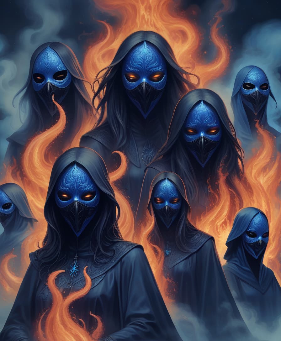  lovecraftian horror coven of witches. black masks on their faces. big blue fire. . eldritch, cosmic horror, unknown, mysterious, surreal, highly detailed