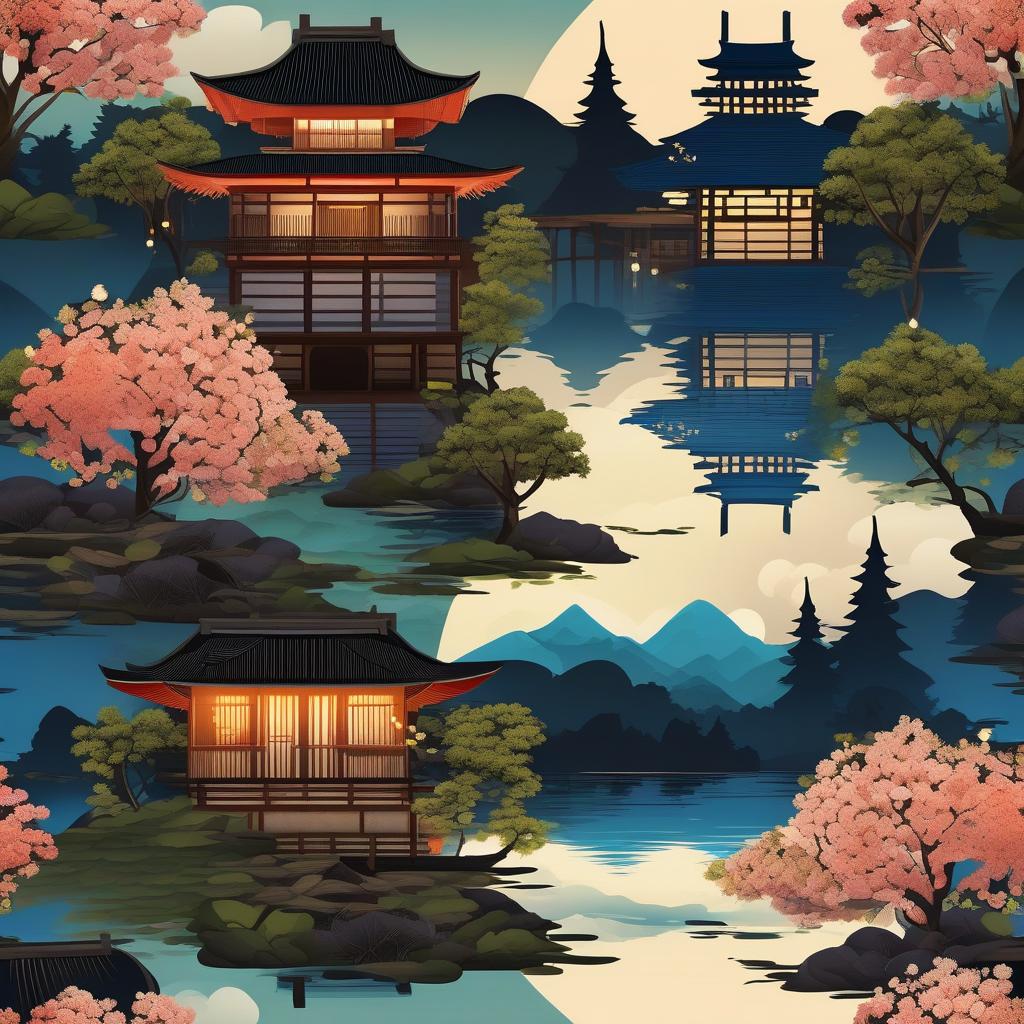  masterpiece, best quality, (Fidelity: 1.4), Best Quality, Masterpiece, Ultra High Resolution, 8k resolution, A night view inspired by Japanese art, featuring a garden illuminated by paper lanterns and a wooden bridge spanning a tranquil lake, by the lakeside, there is a small Zen temple. The water reflects the starry sky.