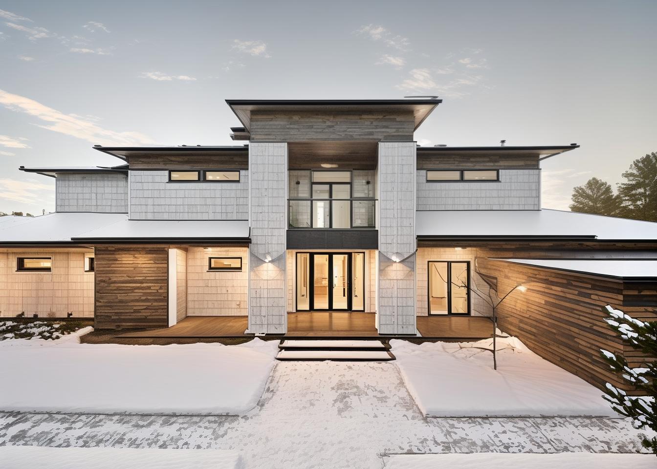  generate an image of a house facade in a modern farmhouse style. use a pitched metal roof, white or light colored siding, black window frames, and a welcoming front porch. the design should balance rustic charm with contemporary elements, creating a warm and inviting appearance.