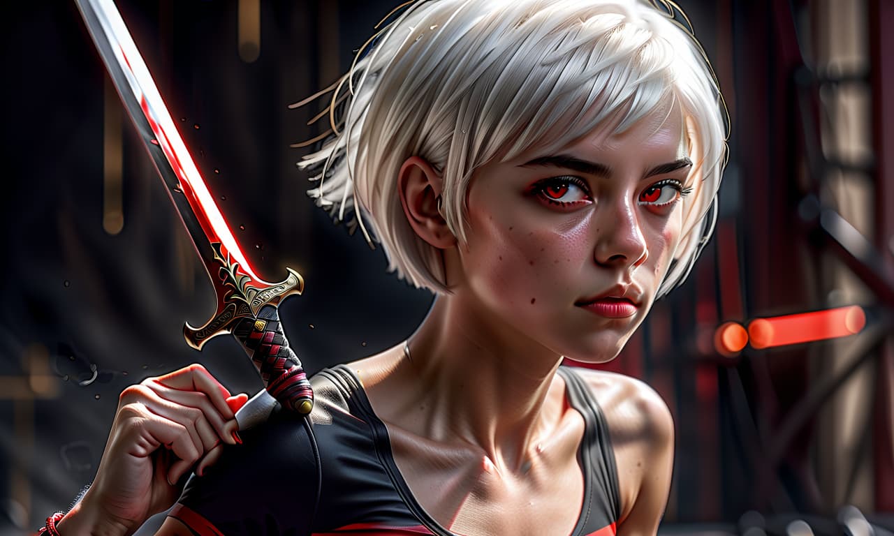  hyperrealistic art girl, behind a sword, short haircut, white hair, athletic build, red top, short black shorts. . extremely high resolution details, photographic, realism pushed to extreme, fine texture, incredibly lifelike, perfecteyes, glowneon