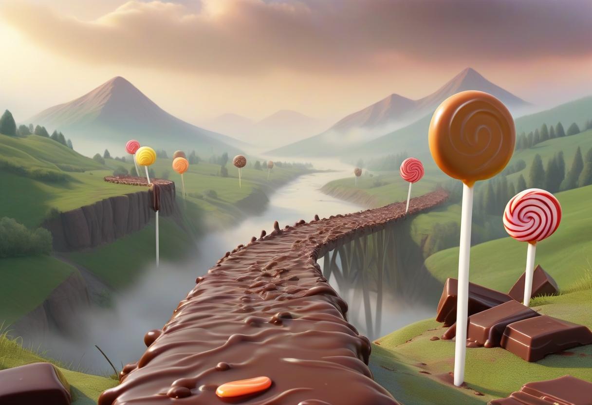  a landscape with a river going into the distance, in the distance mountains are lost in the fog, sunrise, in the foreground a river of molten chocolate, a bridge of realistic chocolate bars, green hills on the sides with giant bright lolly pops, stand in different points of a man in the same clothes work with chocolate, look to the future