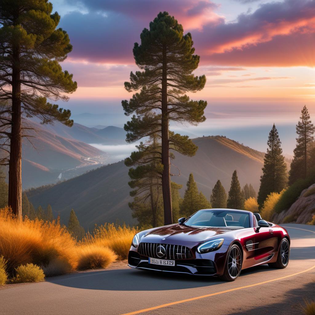  A tall black man standing beside a black Mercedes-Benz on a mountain in Southern California during a beautiful sunset. The man is raising his hands in praise, with his back turned towards the viewer, wearing a casual outfit. The scene features lush greenery, various types of trees and flowers, and a winding road. The sunset has a gradient of colors transitioning from deep oranges and reds to softer pinks and purples, with wispy clouds catching the sunlight. Rays of light beam through the clouds, illuminating parts of the landscape and creating long shadows. The polished Mercedes reflects the surrounding colors. The background includes a distant city view through the valley, and small wildlife like deer and birds add to the depth. Additional hyperrealistic, full body, detailed clothing, highly detailed, cinematic lighting, stunningly beautiful, intricate, sharp focus, f/1. 8, 85mm, (centered image composition), (professionally color graded), ((bright soft diffused light)), volumetric fog, trending on instagram, trending on tumblr, HDR 4K, 8K