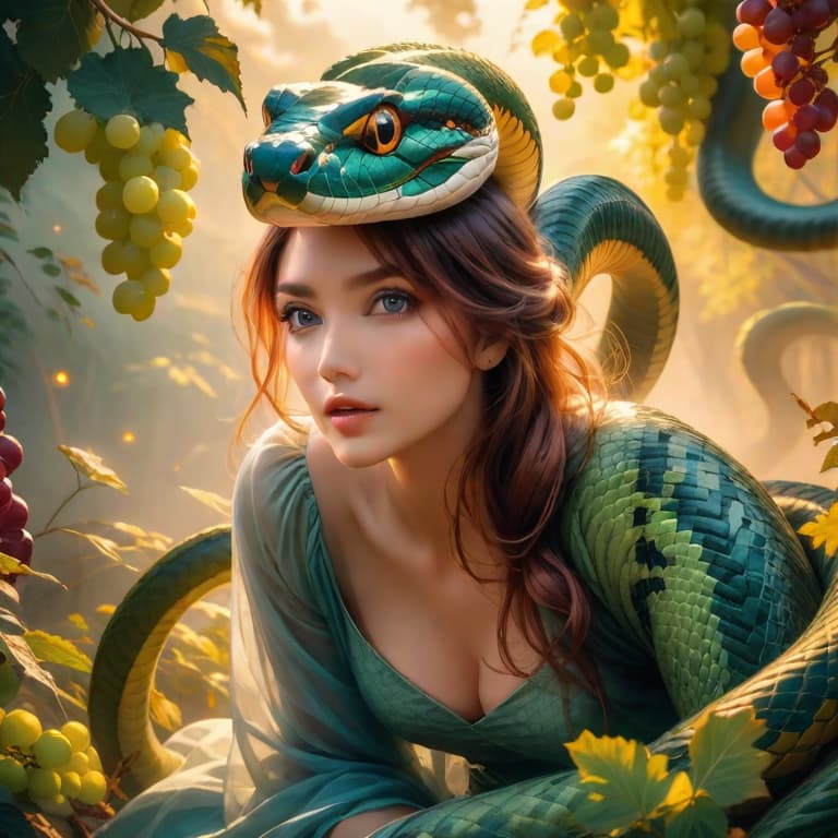  photorealistic portrait of a beautiful girl, looking frightened in the camera, very detailed, wineleaves und grapes laying on her head, snakes are between the wineleaves, dynamic, very detailed, romantic dark art hyperrealistic, full body, detailed clothing, highly detailed, cinematic lighting, stunningly beautiful, intricate, sharp focus, f/1. 8, 85mm, (centered image composition), (professionally color graded), ((bright soft diffused light)), volumetric fog, trending on instagram, trending on tumblr, HDR 4K, 8K