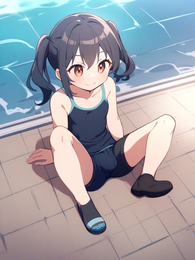  women's elementary students (male), twin tails, cute smiles, (rich s), short stature, dark blue swimwear, old swimwear, swimwear, simple, (upward), upward, (bulge), front, whole body, pool side ,,,