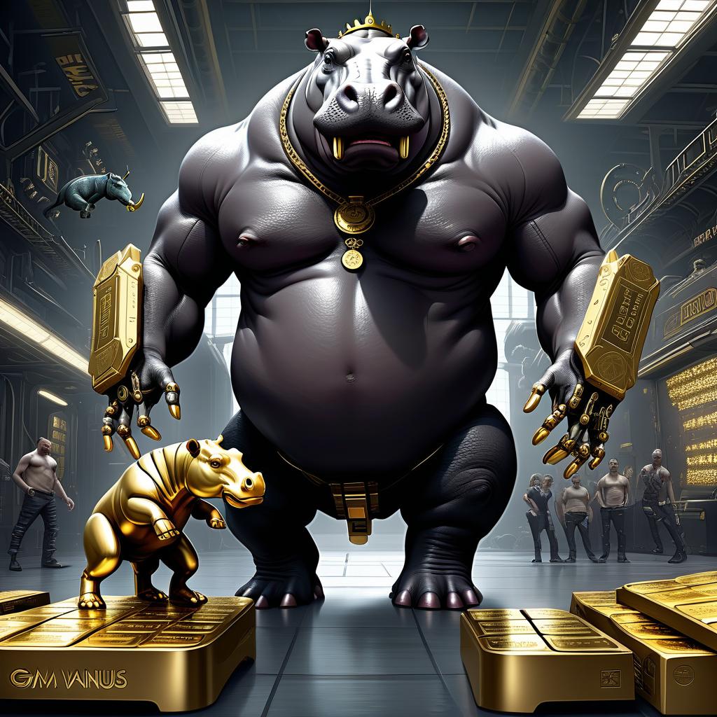  biomechanical cyberpunk the image is a picture for the avatar. in the foreground, a hippopotamus standing on its hind legs. it has one mechanical paw made of platinum parts. on his head is a gold, small, minimalist crown. the hippo is dressed in black strict pants and without a t shirt. in the hands of a bulgarian with a large gold disc. running behemoth stands in half a turn and smiles aggressively. in front of the hippopotamus is a table on which lie an open case with money and gold bars. the background is a large hangar. on the wall is written in large letters: "gm" in gold 3d letters. semi realistic fantasy style . cybernetics, human machine fusion, dystopian, organic meets artificial, dark, intricate, highly detailed