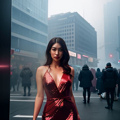  A beautiful girl in a bright, shimmering red dress with sequins standing tall., spontaneous , urban , cultural , by Vivian Maier, Fan Ho, Garry Winogrand, Elliott Erwitt, Martin Parr hyperrealistic, full body, detailed clothing, highly detailed, cinematic lighting, stunningly beautiful, intricate, sharp focus, f/1. 8, 85mm, (centered image composition), (professionally color graded), ((bright soft diffused light)), volumetric fog, trending on instagram, trending on tumblr, HDR 4K, 8K