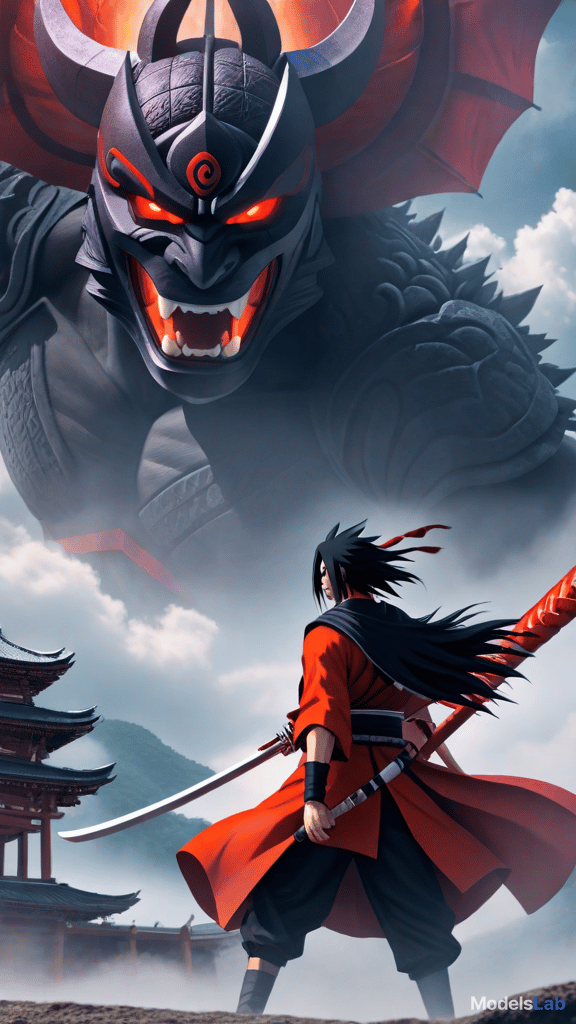  anime art: itachi uchiha's susanoo faces off against madara uchiha's god like powers in an epic showdown. hyperrealistic, full body, detailed clothing, highly detailed, cinematic lighting, stunningly beautiful, intricate, sharp focus, f/1. 8, 85mm, (centered image composition), (professionally color graded), ((bright soft diffused light)), volumetric fog, trending on instagram, trending on tumblr, HDR 4K, 8K