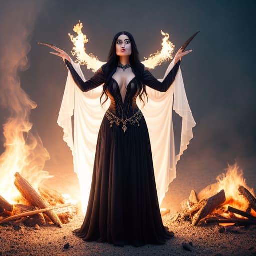  beautiful sorceress with long black hair casting a spell standing with her hands above a bubbling cauldron, her face illuminated by the glow of the fire. good skin, clear eyes, smart hair, soft focus, depth of field, 8k photo, hdr, professional lighting, taken with canon eos r5, 75mm lens, low angle shot hyperrealistic, full body, detailed clothing, highly detailed, cinematic lighting, stunningly beautiful, intricate, sharp focus, f/1. 8, 85mm, (centered image composition), (professionally color graded), ((bright soft diffused light)), volumetric fog, trending on instagram, trending on tumblr, HDR 4K, 8K