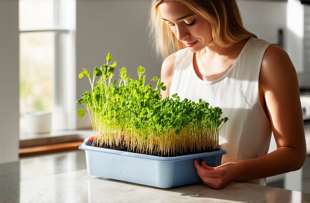  cinematic film style, woman seeding microgreens in plastic box, white modern kitchen ar 3:2, shallow depth of field, vignette, maximum details, high budget hollywood movie, bokeh, cinemascope, moody, epic, gorgeous, sun rays and shadows on furniture and surfaces, flattering light, raw photo, photography, photorealistic, 8k resolution, f1.4, sharpened focus, sharp focus