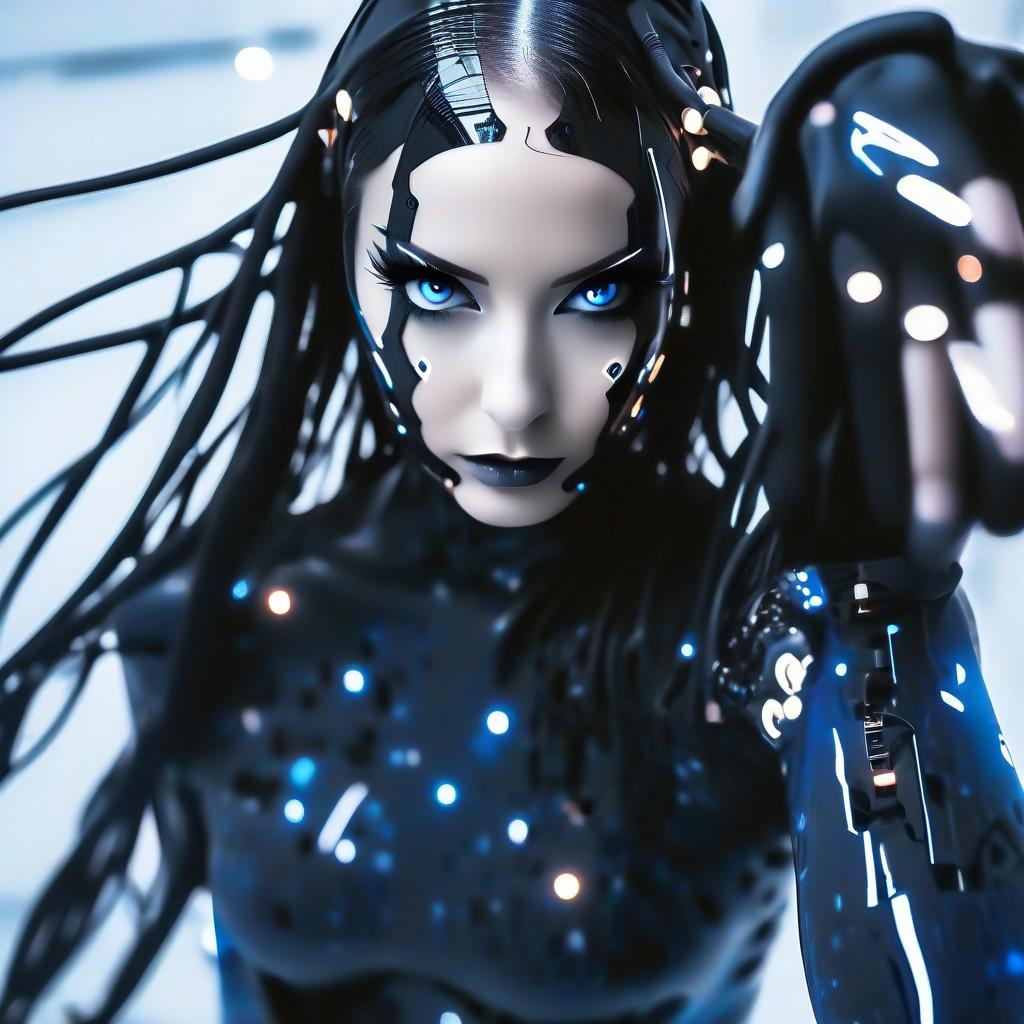  cybernetic style a girl in a latex suit made of composite plates with blue lights all over the suit, against the background of a futuristic blue city with white lights. . futuristic, technological, cybernetic enhancements, robotics, artificial intelligence themes, perfecteyes, perfect hands